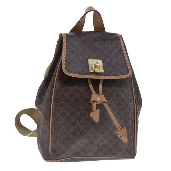 CELINE Macadam Canvas Backpack Pvc Leather Brown Gold - Picture 1 of 16